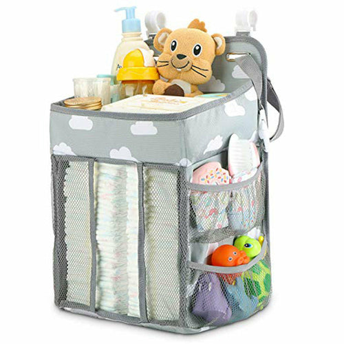 Hanging Nursery Organizer and Diaper Caddy - 3-in-1 Baby Changing Table Storage Station for Crib, Playard, and Wall - Large Capacity Newborn Essentials Holder with Mesh Pockets for Diapers, Wipes, and Toys - Gray Cloud Print
