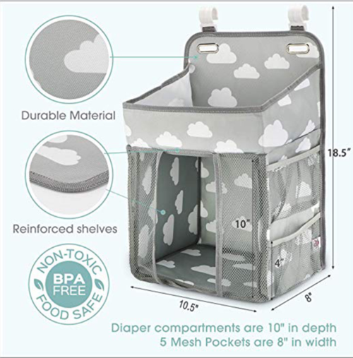 Hanging Nursery Organizer and Diaper Caddy - 3-in-1 Baby Changing Table Storage Station for Crib, Playard, and Wall - Large Capacity Newborn Essentials Holder with Mesh Pockets for Diapers, Wipes, and Toys - Gray Cloud Print