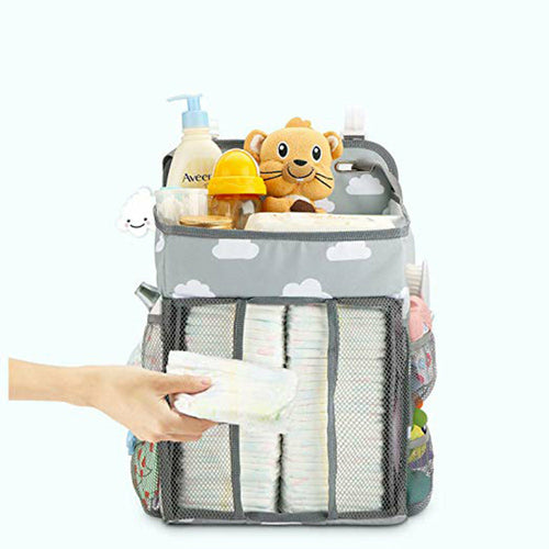Hanging Nursery Organizer and Diaper Caddy - 3-in-1 Baby Changing Table Storage Station for Crib, Playard, and Wall - Large Capacity Newborn Essentials Holder with Mesh Pockets for Diapers, Wipes, and Toys - Gray Cloud Print
