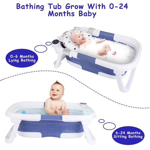 Smart Collapsible Baby Bathtub with Real-Time Digital Temperature Display - Foldable Newborn to Toddler Bath Tub - Portable Non-Slip Infant Wash Basin with Shower Head Slot and Drain Plug - Space-Saving Travel Nursery Essentials - Blue/White