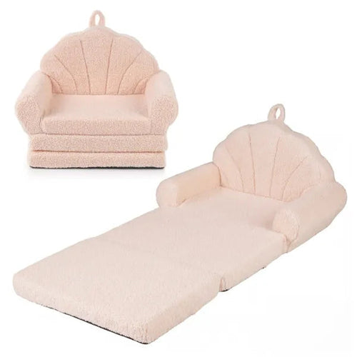 2-in-1 Flip-Open Kids Foam Sofa & Sleeper Chair - Foldable Shell-Shaped Toddler Couch - Soft Sherpa Plush Lounge Chair for Boys and Girls - Portable Nursery Furniture & Playroom Reading Nook Bed - Blush Pink