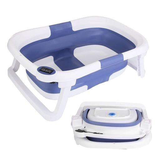 Smart Collapsible Baby Bathtub with Real-Time Digital Temperature Display - Foldable Newborn to Toddler Bath Tub - Portable Non-Slip Infant Wash Basin with Shower Head Slot and Drain Plug - Space-Saving Travel Nursery Essentials - Blue/White