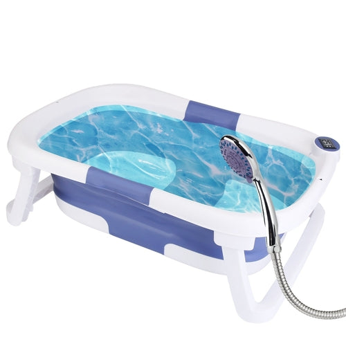Smart Collapsible Baby Bathtub with Real-Time Digital Temperature Display - Foldable Newborn to Toddler Bath Tub - Portable Non-Slip Infant Wash Basin with Shower Head Slot and Drain Plug - Space-Saving Travel Nursery Essentials - Blue/White