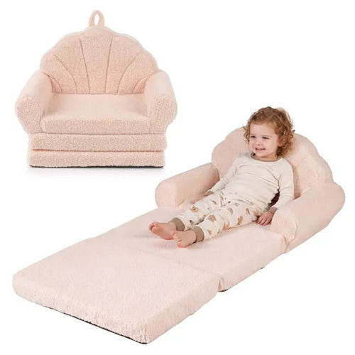 2-in-1 Flip-Open Kids Foam Sofa & Sleeper Chair - Foldable Shell-Shaped Toddler Couch - Soft Sherpa Plush Lounge Chair for Boys and Girls - Portable Nursery Furniture & Playroom Reading Nook Bed - Blush Pink