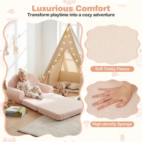 2-in-1 Flip-Open Kids Foam Sofa & Sleeper Chair - Foldable Shell-Shaped Toddler Couch - Soft Sherpa Plush Lounge Chair for Boys and Girls - Portable Nursery Furniture & Playroom Reading Nook Bed - Blush Pink
