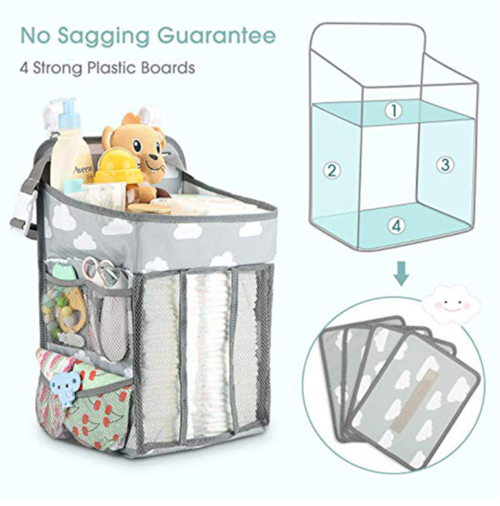 Hanging Nursery Organizer and Diaper Caddy - 3-in-1 Baby Changing Table Storage Station for Crib, Playard, and Wall - Large Capacity Newborn Essentials Holder with Mesh Pockets for Diapers, Wipes, and Toys - Gray Cloud Print