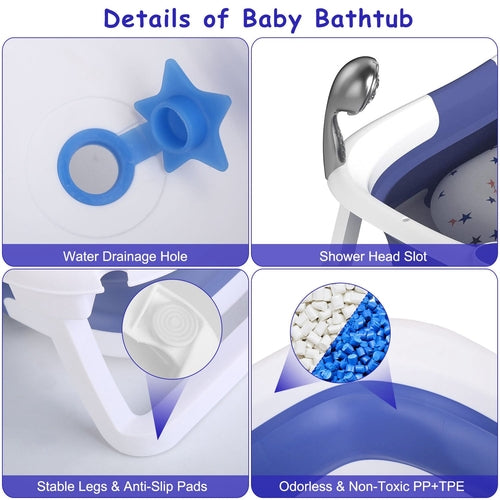 Smart Collapsible Baby Bathtub with Real-Time Digital Temperature Display - Foldable Newborn to Toddler Bath Tub - Portable Non-Slip Infant Wash Basin with Shower Head Slot and Drain Plug - Space-Saving Travel Nursery Essentials - Blue/White
