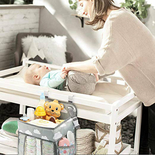Hanging Nursery Organizer and Diaper Caddy - 3-in-1 Baby Changing Table Storage Station for Crib, Playard, and Wall - Large Capacity Newborn Essentials Holder with Mesh Pockets for Diapers, Wipes, and Toys - Gray Cloud Print