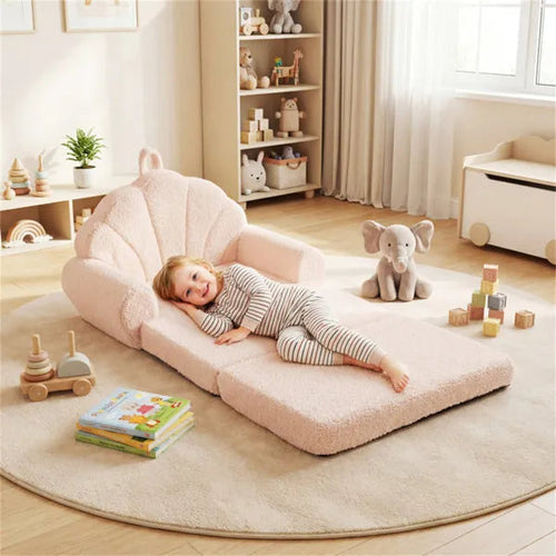 2-in-1 Flip-Open Kids Foam Sofa & Sleeper Chair - Foldable Shell-Shaped Toddler Couch - Soft Sherpa Plush Lounge Chair for Boys and Girls - Portable Nursery Furniture & Playroom Reading Nook Bed - Blush Pink