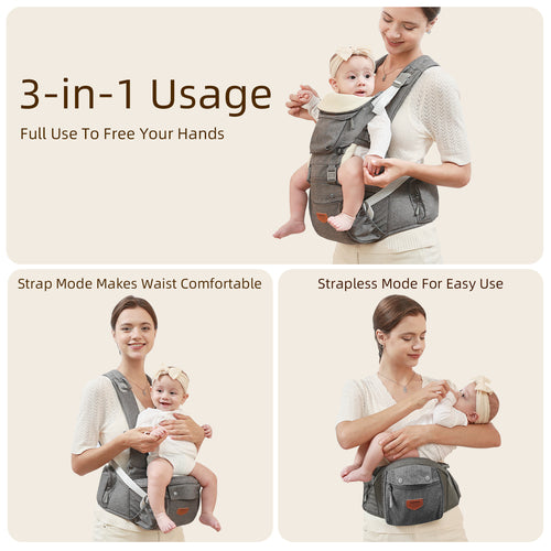 Ergonomic 6-in-1 Baby Carrier with Integrated Hip Seat - All-Season Breathable Newborn to Toddler Front & Back Wrap - Adjustable Padded Shoulder Straps & Lumbar Support Waist Stool - Multi-Position Infant Sling for 0-36 Months