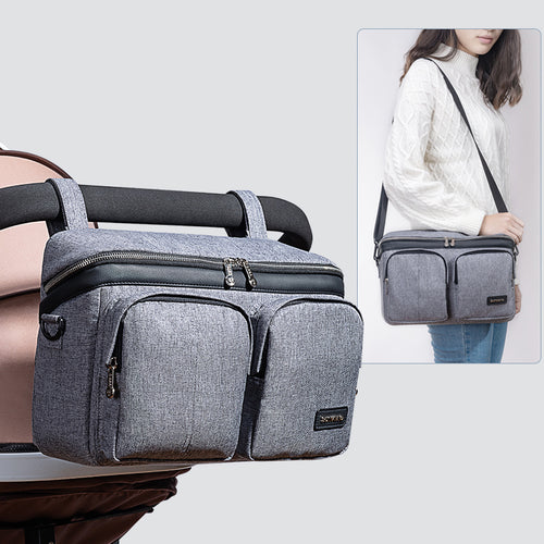 Multifunctional Baby Stroller Organizer Bag - Large Capacity Diaper Caddy with Insulated Cup Holders, Detachable Shoulder Strap, Universal Fit Travel Nursery Bag for Infants, Toddlers, and Newborns
