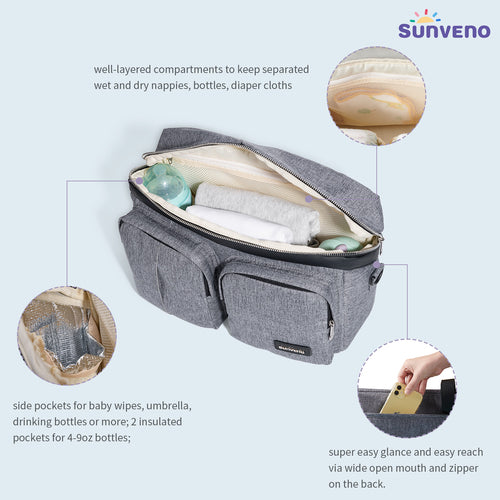 Multifunctional Baby Stroller Organizer Bag - Large Capacity Diaper Caddy with Insulated Cup Holders, Detachable Shoulder Strap, Universal Fit Travel Nursery Bag for Infants, Toddlers, and Newborns