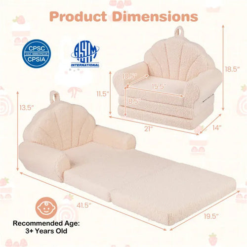2-in-1 Flip-Open Kids Foam Sofa & Sleeper Chair - Foldable Shell-Shaped Toddler Couch - Soft Sherpa Plush Lounge Chair for Boys and Girls - Portable Nursery Furniture & Playroom Reading Nook Bed - Blush Pink