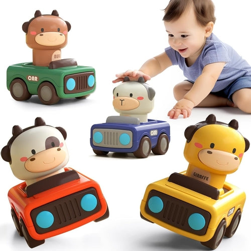 Press and Go Baby Toy Cars - 4 Pack Inertia Power Friction Animal Vehicles (Cow, Giraffe, Sheep, Bull) - Montessori Early Educational Learning Toys for Toddlers 1-3, Fine Motor Skills Developmental Birthday Gift for Boys & Girls